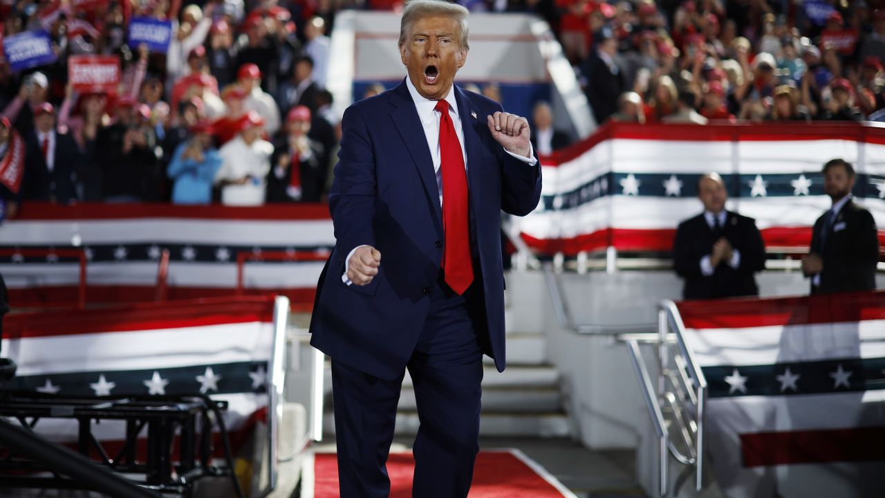 RALEIGH, NORTH CAROLINA - NOVEMBER 04: Republican presidential nominee, former President Donald Trump dances off stage at the conclusion of a campaign rally at the J.S. Dorton Arena on November 04, 2024 in Raleigh, North Carolina. With one day left before the general election, Trump is campaigning for re-election in the battleground states of North Carolina, Pennsylvania and Michigan. (Photo by Chip Somodevilla/Getty Images)