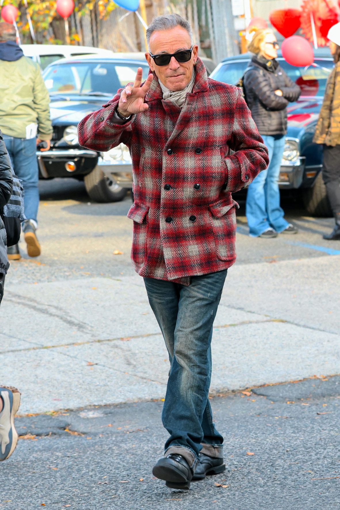 Springsteen, shown here on the film set in 2024, even sticks to his Americana uniform today.