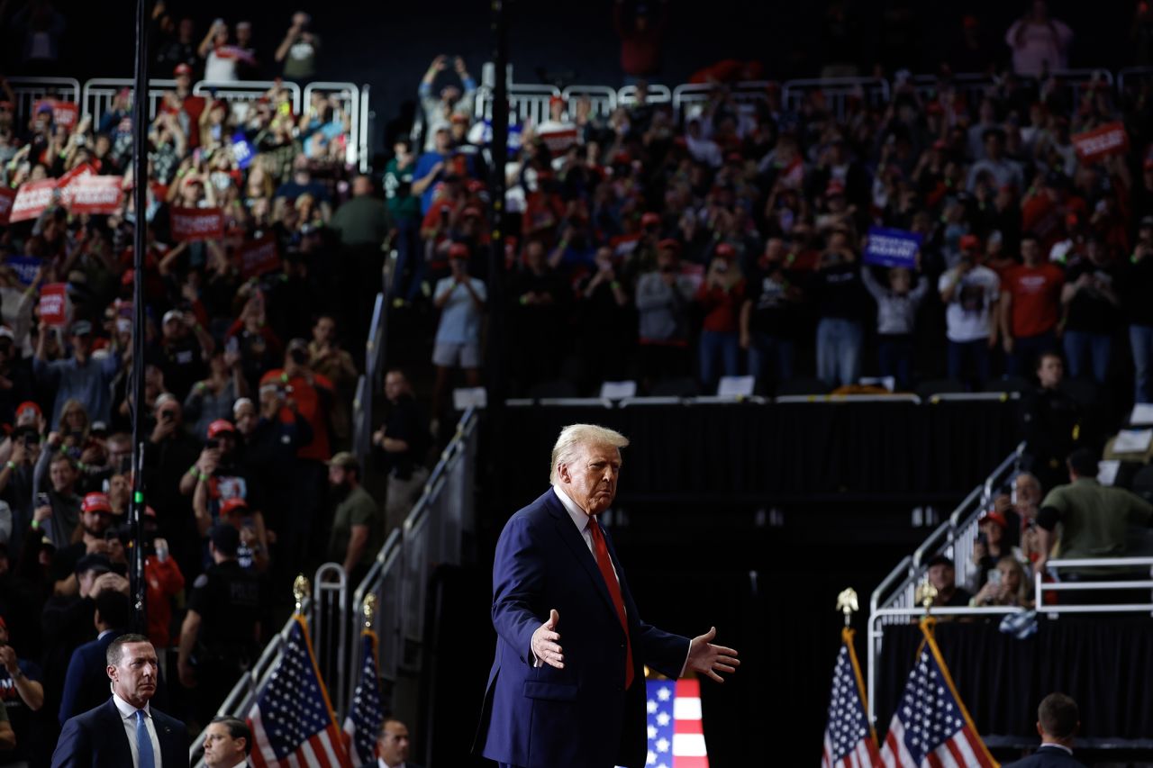 Republican presidential nominee, former President Donald Trump holds a campaign rally at the PPG Paints Arena on November 4 in Pittsburgh, Pennsylvania.