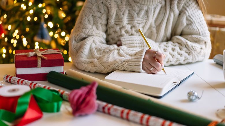 Beautiful woman writing a Christmas shopping list in a diary
