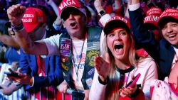 WEST PALM BEACH, FLORIDA - NOVEMBER 06: Supporters react as Fox News projects Republican presidential nominee, former U.S. President Donald Trump is elected president during an election night event at the Palm Beach Convention Center on November 06, 2024 in West Palm Beach, Florida. Americans cast their ballots today in the presidential race between Republican nominee former President Donald Trump and Vice President Kamala Harris, as well as multiple state elections that will determine the balance of power in Congress.   (Photo by Chip Somodevilla/Getty Images)