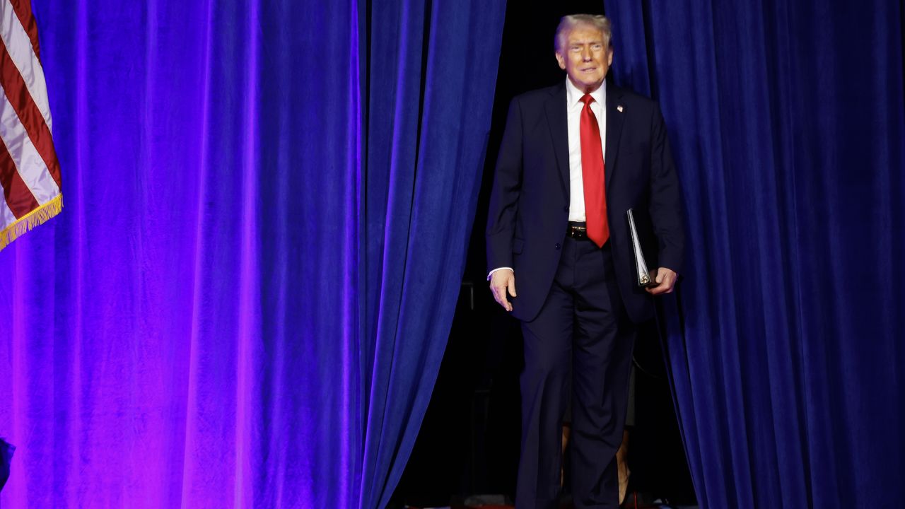 Republican presidential nominee, former U.S. President Donald Trump arrives to speak during an election night event at the Palm Beach Convention Center on November 06, 2024 in West Palm Beach, Florida.