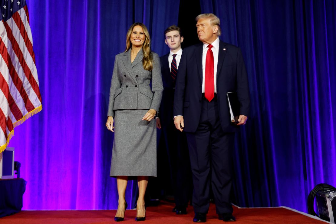 Trump opted for a Christian Dior skirt suit while accompanying President-elect Donald Trump and their son Baron at the Palm Beach Convention Center on election night last November.