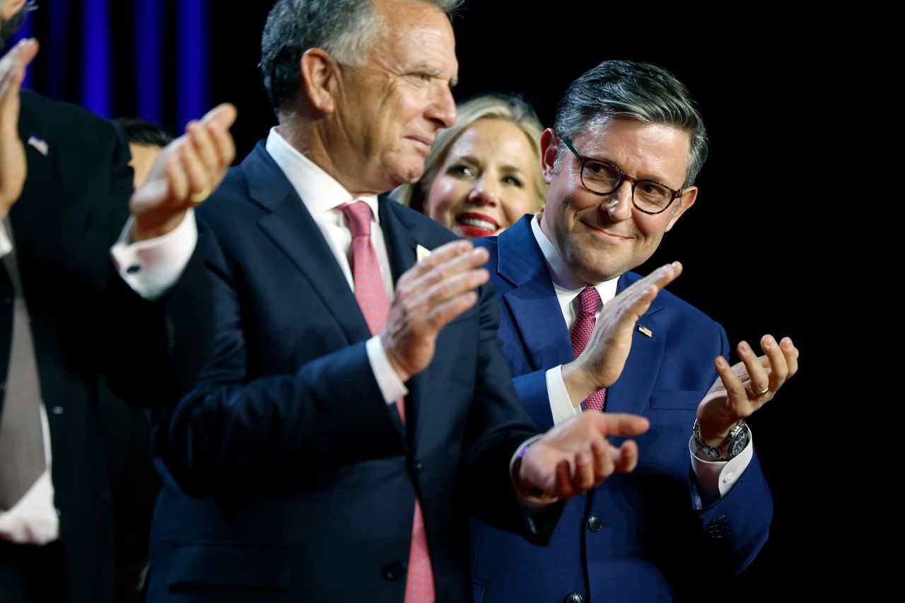 Speaker of the House Mike Johnson (R-LA) applauds on stage as Republican presidential nominee, former U.S. President Donald Trump holds an election night event at the Palm Beach Convention Center on November 6, 2024 in West Palm Beach, Florida.