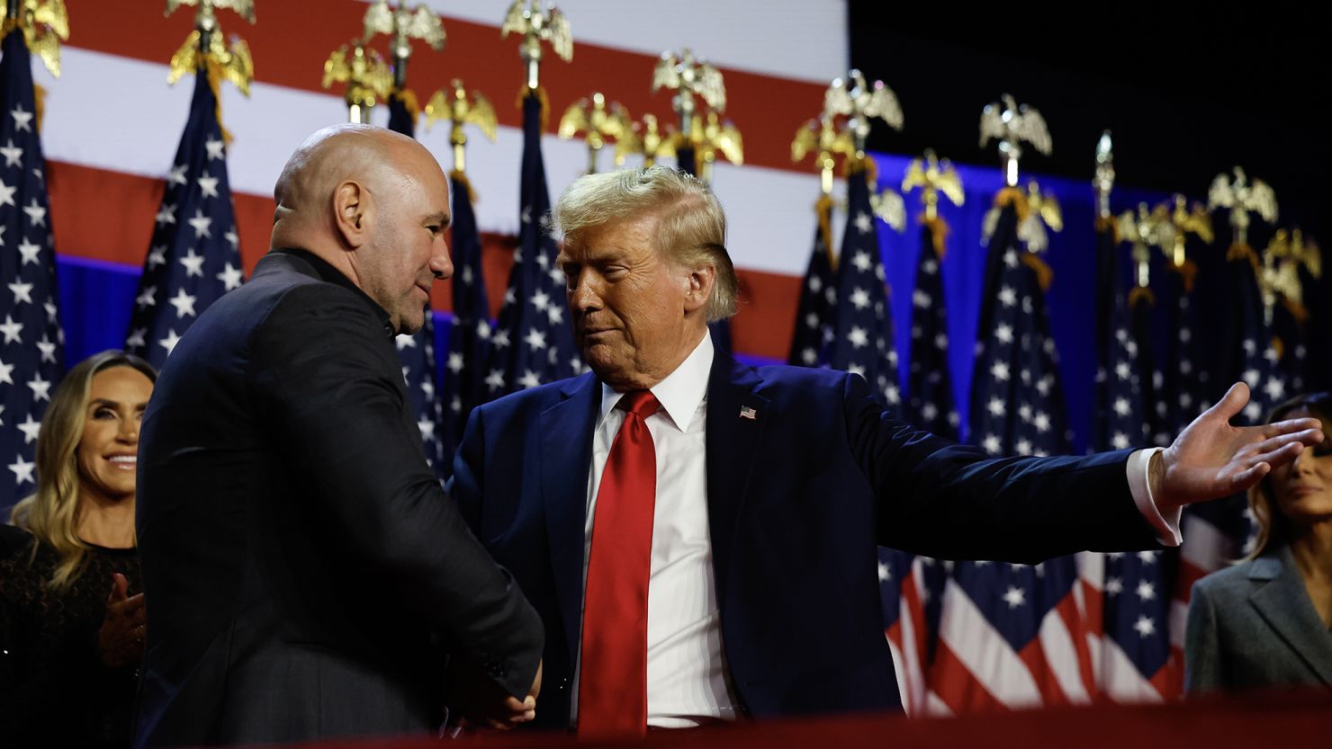 UFC chief Dana White greets Donald Trump during an election night event on Nov. 06, 2024 in West Palm Beach, Florida.