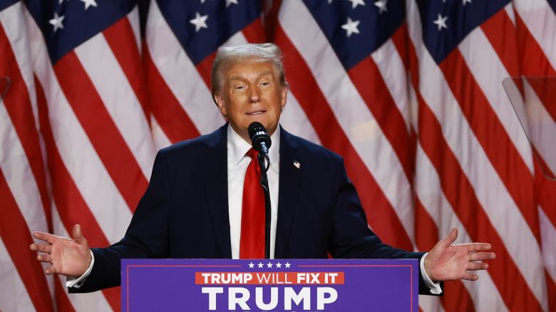 Donald Trump speaks during an election night event at the Palm Beach Convention Center on November 6, 2024 in West Palm Beach, Florida.