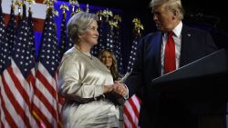 WEST PALM BEACH, FLORIDA - NOVEMBER 05: Republican presidential nominee, former U.S. President Donald Trump praises his campaign senior advisor Susie Wiles during an election night event at the Palm Beach Convention Center on November 06, 2024 in West Palm Beach, Florida. Americans cast their ballots today in the presidential race between Republican nominee former President Donald Trump and Vice President Kamala Harris, as well as multiple state elections that will determine the balance of power in Congress. (Photo by Chip Somodevilla/Getty Images)