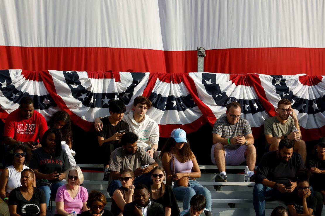 People wait to hear Vice President Kamala Harris concede the election at Howard University in Washington, DC, on November 6, 2024.