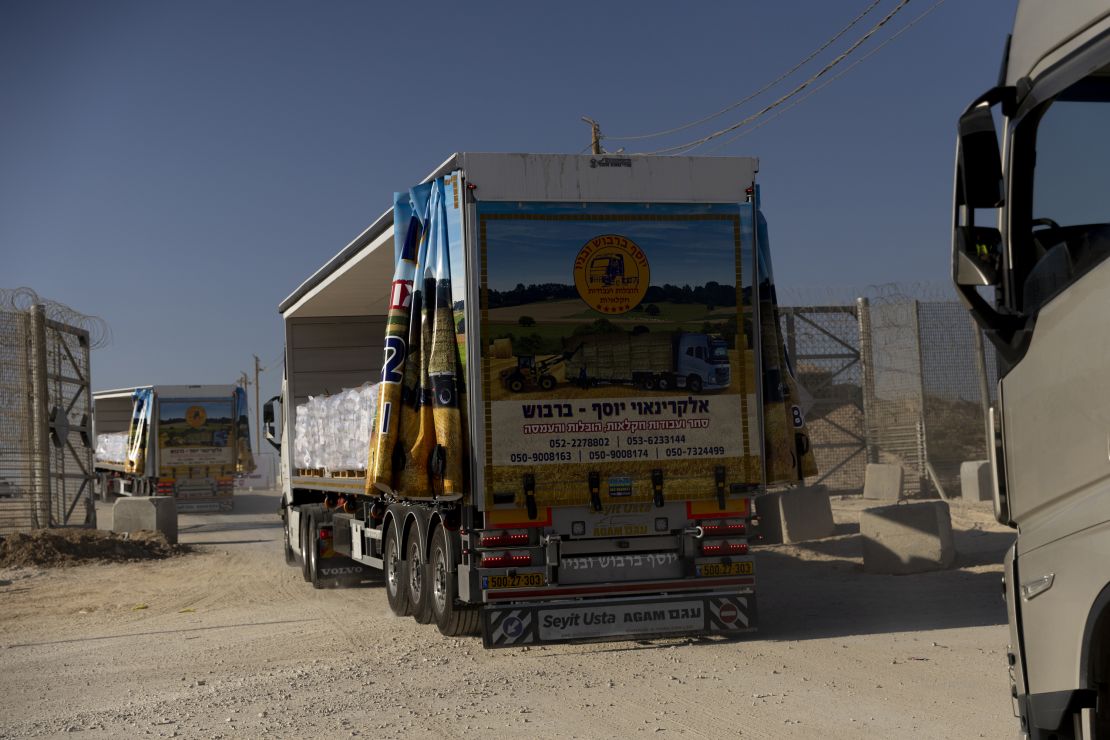 EREZ WEST CROSSING, ISRAEL - NOVEMBER 11: Trucks carrying humanitarian aid cross into the Gaza Strip on November 11, 2024 in Erez West Crossing, Israel. Last month, the UN's Acting Under-Secretary-General for Humanitarian Affairs and Emergency Relief, Joyce Msuya, said that Israel had blocked food aid from entering northern Gaza between October 2-15. According to the UN, more than 1.8 million Palestinians in Gaza are experiencing "extremely critical" levels of hunger. (Photo by Amir Levy/Getty Images)