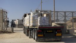 erez west crossing, israel - november 11: trucks carrying humanitarian aid cross into the gaza strip on november 11, 2024 in erez west crossing, israel. last month, the un's acting under-secretary-general for humanitarian affairs and emergency relief, joyce msuya, said that israel had blocked food aid from entering northern gaza between october 2-15. according to the un, more than 1.8 million palestinians in gaza are experiencing 