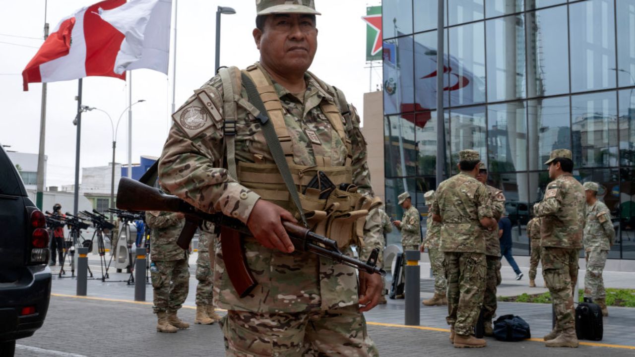 Peru's Army stand guard in front of the government complex where the Asia-Pacific Economic Cooperation (APEC) Summit will take place in Lima on November 11, 2024. Leaders and representatives of the APEC 21 member economies and other commercial guests will meet in Lima from November 14 to 16. (Photo by Cris BOURONCLE / AFP) (Photo by CRIS BOURONCLE/AFP via Getty Images)