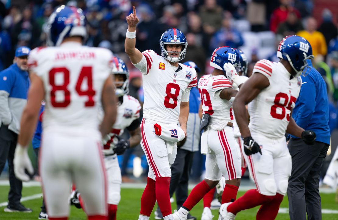 10 November 2024, Bavaria, Munich: American Football, NFL, Carolina Panthers - New York Giants, Matchday 10, Main Round at the Allianz Arena: Quarterback Daniel Jones of the New York Giants in action. Photo: Sven Hoppe/dpa (Photo by Sven Hoppe/picture alliance via Getty Images)