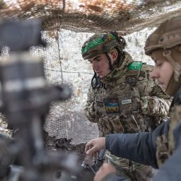 DONETSK OBLAST, UKRAINE - 10 NOV: Ukrainian soldiers wait for orders at their artillery position in the direction of Toretsk, Ukraine, 10 November 2024. (Photo by Diego Herrera Carcedo/Anadolu via Getty Images)