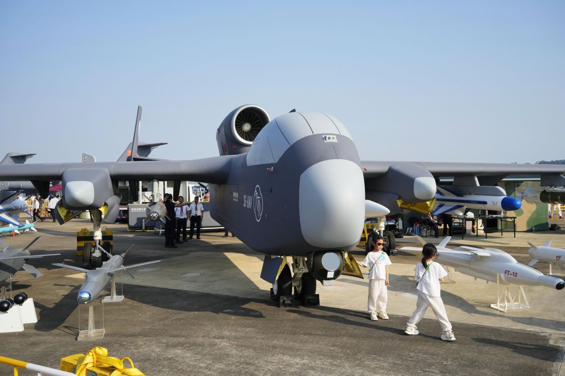 Photo shows Chinese military's new unmanned aerial vehicle, dubbed Jiu Tian (meaning "nine heavens"), displayed at the China International Aviation and Aerospace Exhibition in Zhuhai, southern China, on Nov. 12, 2024. (Photo by Kyodo News via Getty Images)