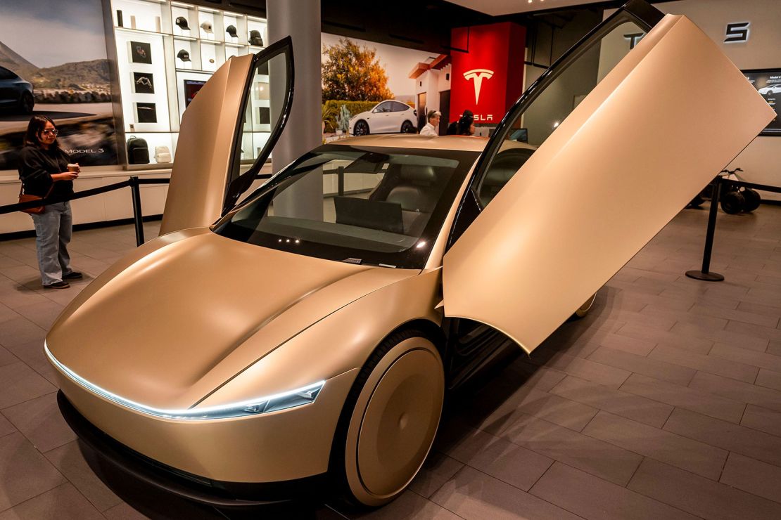 A Tesla Cybercab prototype. Tesla CEO Elon Musk said this version of the robotaxi, which has no steering wheel or pedals, will 