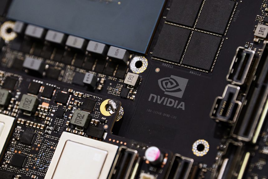 The Nvidia Corp.'s logo on the company's Blackwell GPU chip displayed at the Nvidia AI Summit Japan in Tokyo, Japan, on November 13, 2024.