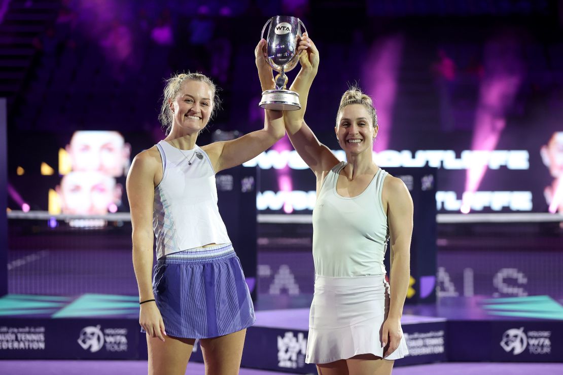 Routliffe and Dabrowski pose with the Martina Navratilova Doubles Trophy after defeating Katarina Siniakova and Taylor Townsend during the doubles final at King Saud University Indoor Arena of the WTA Finals on November 9.