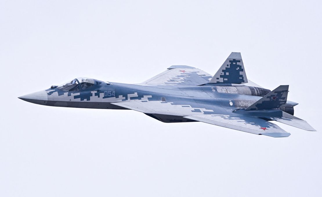 A Russian Sukhoi Su-57 fifth-generation fighter aircraft flies during the airshow in Zhuhai, China on November 14, 2024.