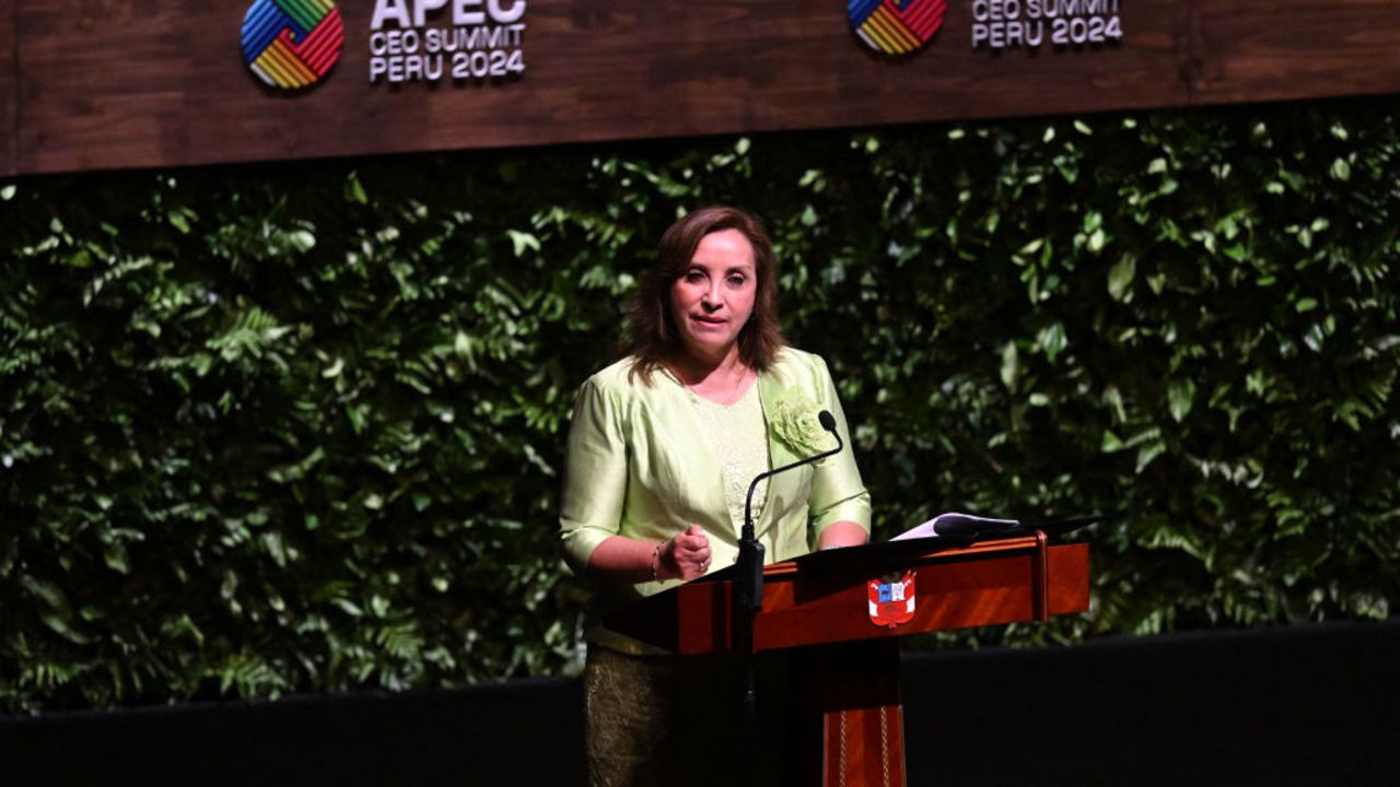 Peru's President Dina Boluarte speaks during the opening session of the APEC CEO Summit at the Convention Centre in Lima, on November 14, 2024. (Photo by LUIS ACOSTA / AFP) (Photo by LUIS ACOSTA/AFP via Getty Images)