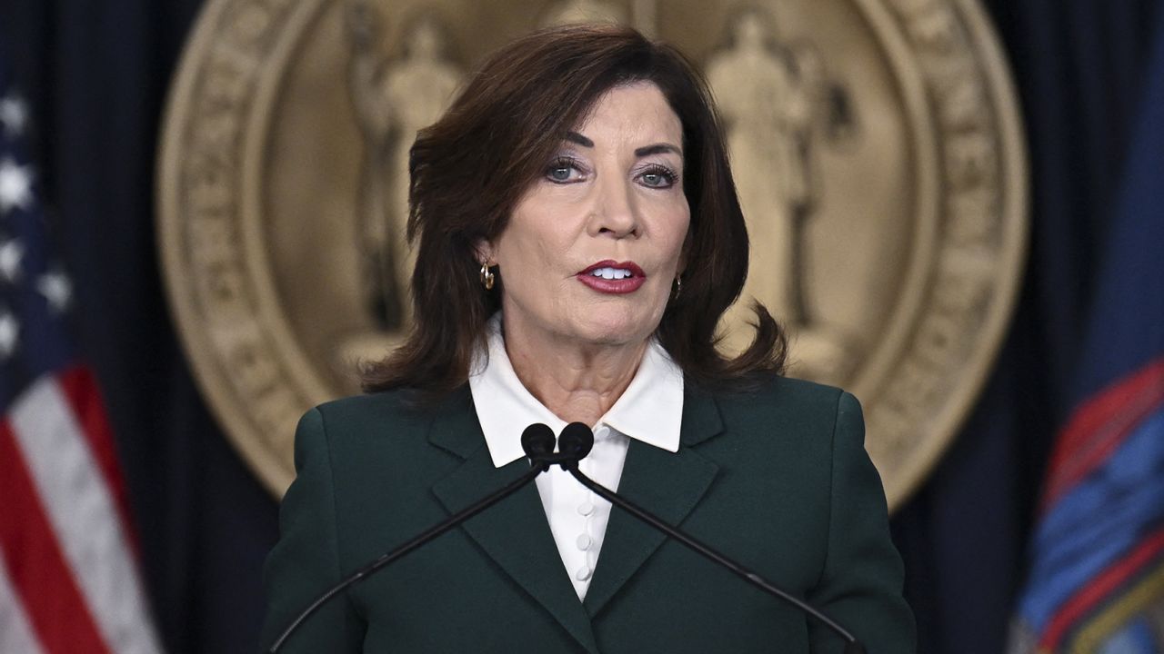 New York Governor Kathy Hochul speaks during a press conference regarding congestion pricing in New York City on November 14, 2024. New York said Thursday it will revive a controversial scheme to charge drivers entering parts of the city, a first in the United States, putting local authorities on a collision course with President-elect Donald Trump. (Photo by ANGELA WEISS / AFP) (Photo by ANGELA WEISS/AFP via Getty Images)