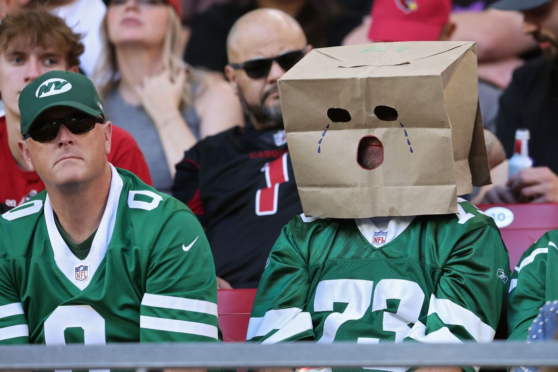 A New York Jets fan wears a paper bag during the game between the New York Jets and Arizona Cardinals at State Farm Stadium on November 10 in Glendale, Arizona.