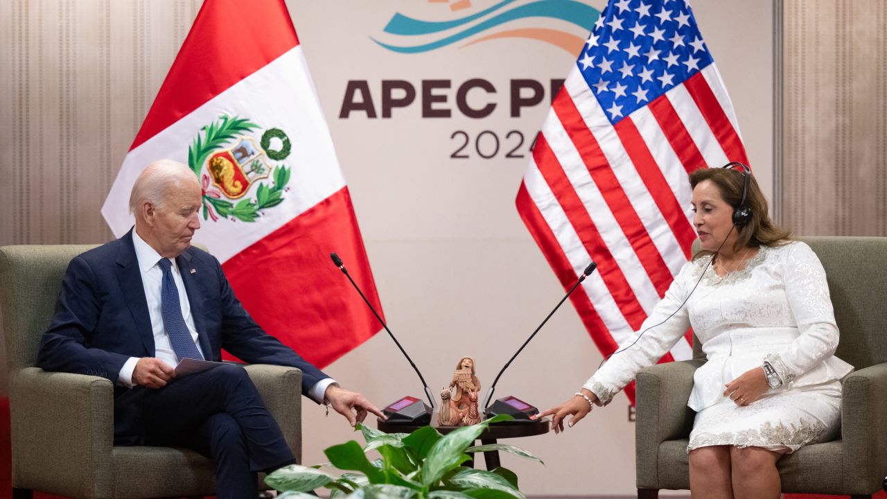 US President Joe Biden meets with Peruvian President Dina Boluarte on the sidelines of the Asia-Pacific Economic Cooperation (APEC) summit in Lima, Peru, November 15, 2024. (Photo by SAUL LOEB / AFP) (Photo by SAUL LOEB/AFP via Getty Images)