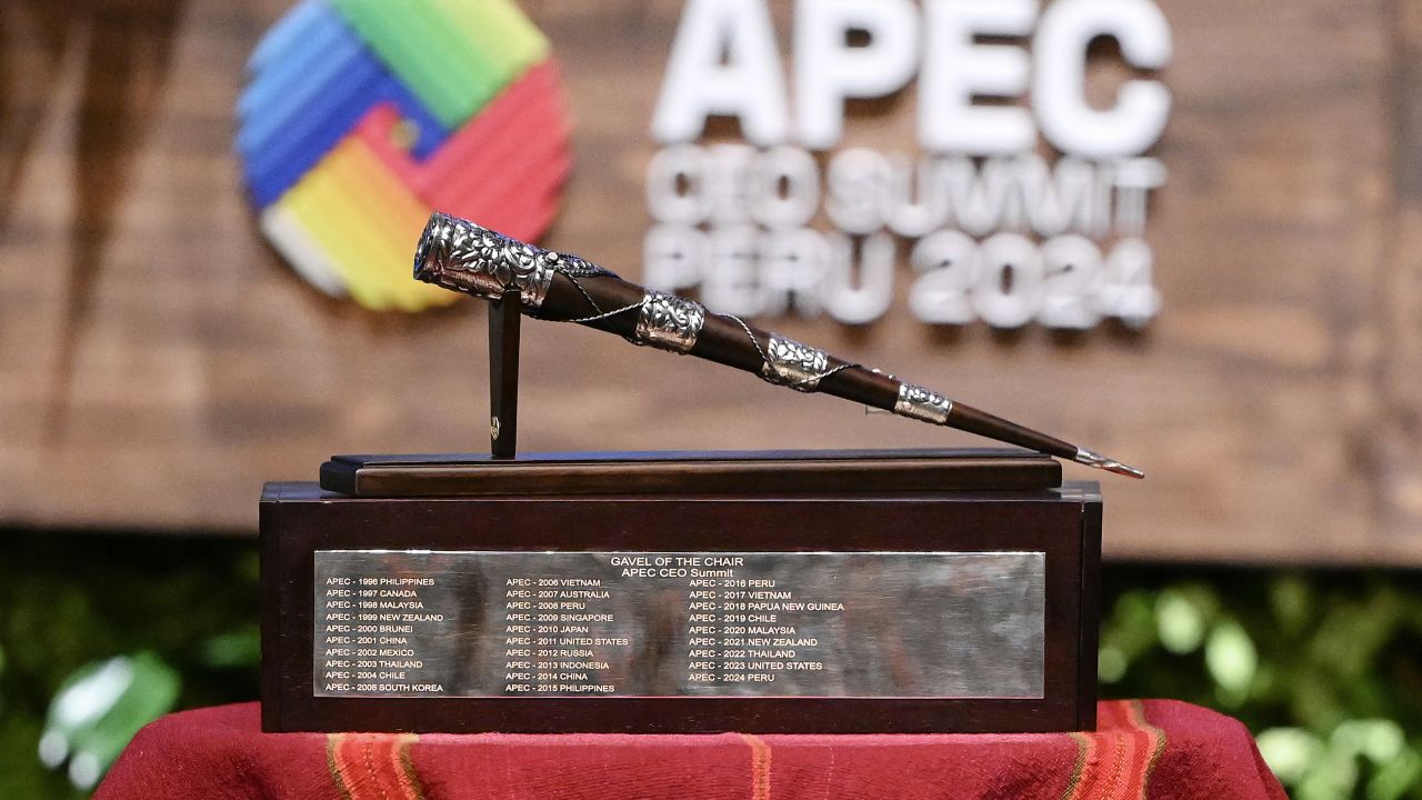 The gavel of the chair is pictured during the APEC CEO Summit at the Convention Centre in Lima on November 15, 2024. (Photo by Luis ACOSTA / AFP) (Photo by LUIS ACOSTA/AFP via Getty Images)