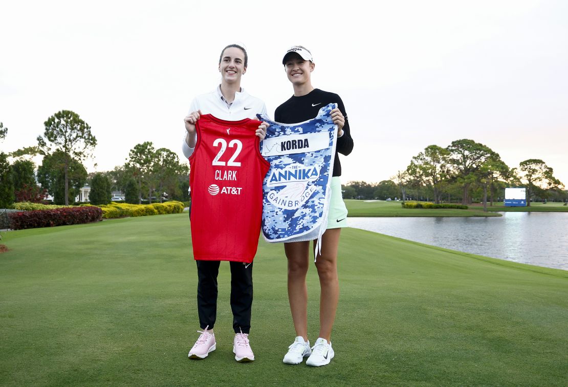 BELLEAIR, FLORIDA - NOVEMBER 13: Caitlin Clark, professional basketball player, and Nelly Korda of the United States pose for a photo before teeing off at a Pro-Am prior to The ANNIKA driven by Gainbridge at Pelican 2024 at Pelican Golf Club on November 13, 2024 in Belleair, Florida. (Photo by Douglas P. DeFelice/Getty Images)