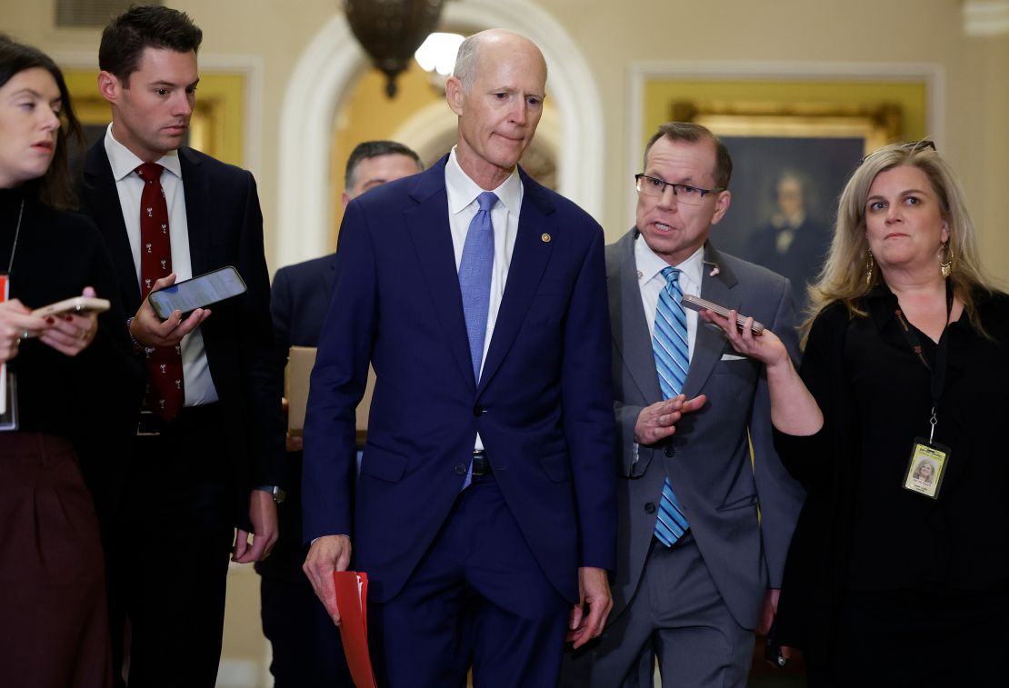 Florida Sen. Rick Scott arrives for the Senate Republican leadership elections at the U.S. Capitol on November 13, 2024 in Washington, DC. The Senate Republican caucus met to vote on new leadership for the 119th Congress.