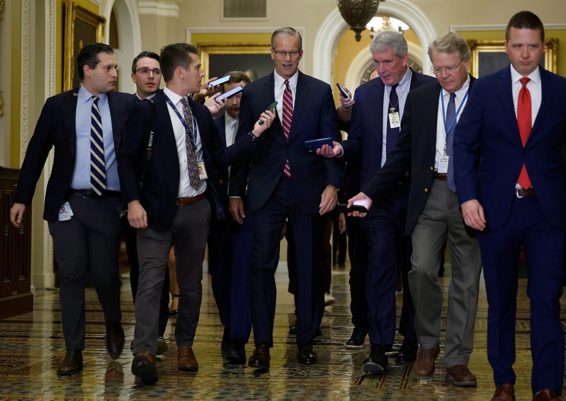 Sen. John Thune arrives for the Senate Republican leadership elections at the U.S. Capitol on November 13, 2024.