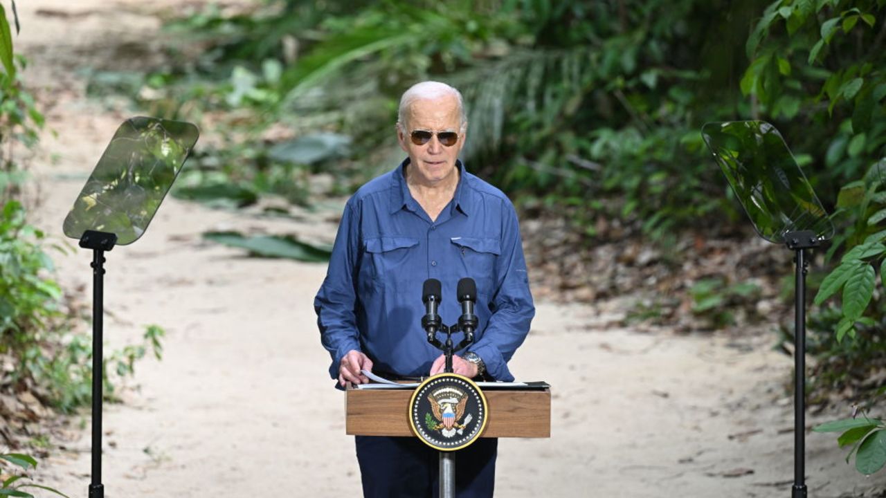 US President Joe Biden speaks after signing a proclamation designating November 17 as International Conservation Day during a tour of the Museu da Amazonia as he visits the Amazon Rainforest in Manaus, Brazil, on November 17, 2024, before heading to Rio de Janeiro for the G20 Summit. (Photo by SAUL LOEB / AFP) (Photo by SAUL LOEB/AFP via Getty Images)