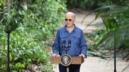 President Joe Biden speaks during a visit to the Amazon rainforest in Manaus, Brazil, on November 17, 2024.