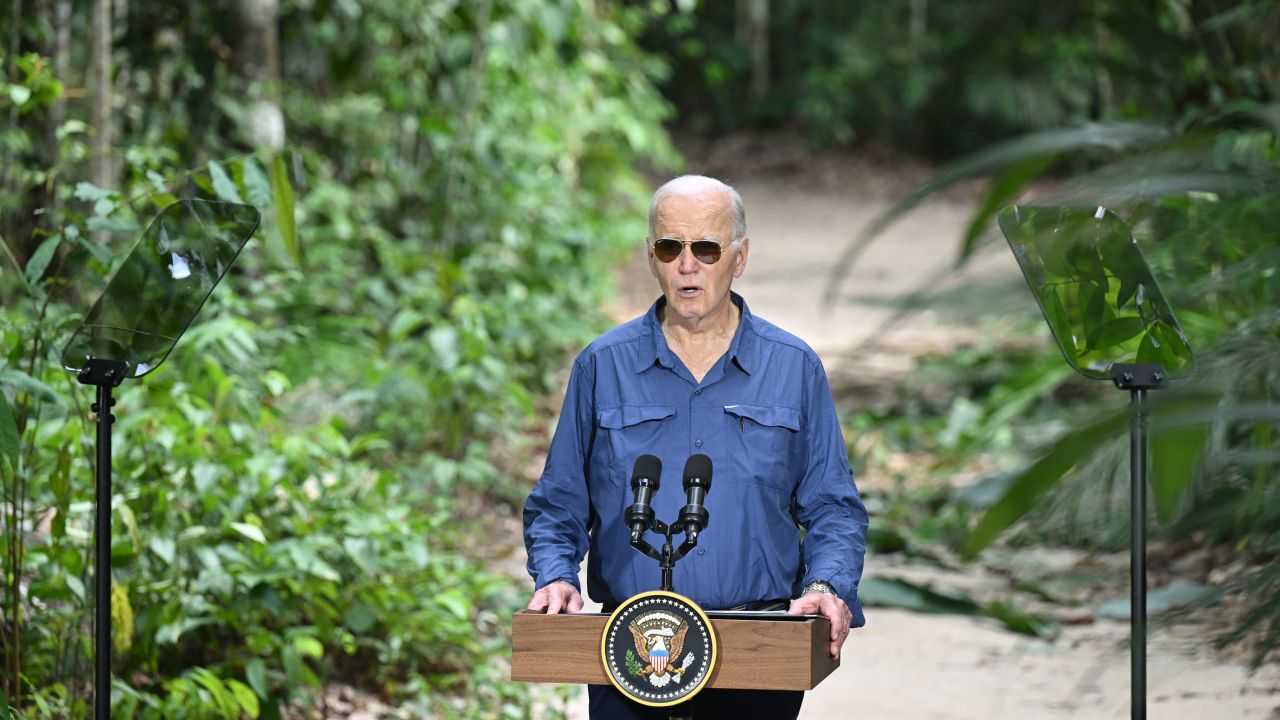 US President Joe Biden speaks after g a proclamation designating November 17 as International Conservation Day during a tour of the Museu da Amazonia as he visits the Amazon Rainforest in Manaus, Brazil, on November 17, 2024, before heading to Rio de Janeiro for the G20 Summit. (Photo by SAUL LOEB / AFP) (Photo by SAUL LOEB/AFP via Getty Images)