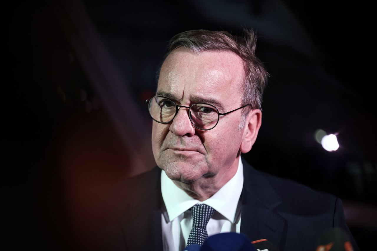 German Defense Minister Boris Pistorius speaks at a press conference at the Airbus helicopter factory on November 18, in Donauworth, Germany.