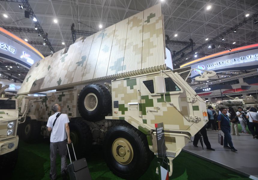 A vehicle-mounted high-powered microwave weapon system (HPM3000) exhibited at the airshow in Zhuhai in south China's Guangdong province, on November 13, 2024.