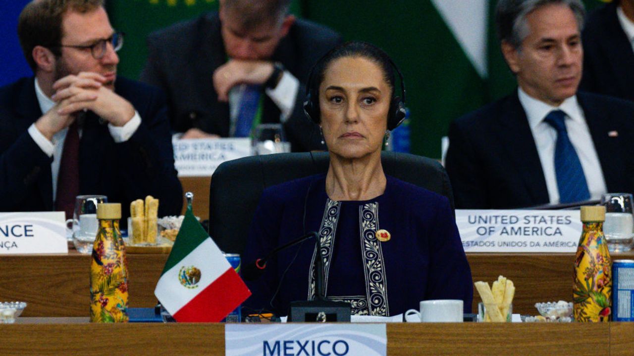 President of Mexico Claudia Sheinbaum attends the launch of the Task Force for a Global Alliance Against Hunger and Poverty in Rio de Janeiro, on the sidelines of the G20 Summit, November 18, 2024. (Photo by ERIC LEE / POOL / AFP) (Photo by ERIC LEE/POOL/AFP via Getty Images)