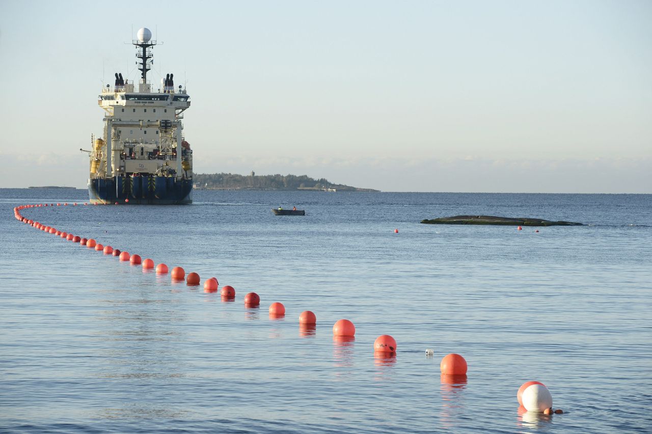 This picture taken on October 12, 2015 shows the C-Lion1 submarine telecommunications cable being laid to the bottom of the Baltic Sea by cable laying ship "Ile de Brehat" off the shore of Helsinki, Finland. Germany and Finland said November 18, 2024 they were "deeply concerned" that an undersea telecommunications cable linking the countries had been severed and opened a probe, at a time of high tensions with Russia. "Our European security is not only under threat from Russia's war of aggression against Ukraine, but also from hybrid warfare by malicious actors," the countries' foreign ministers said in a joint statement.