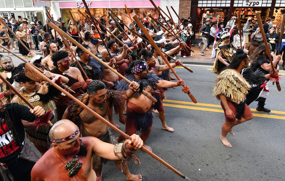 Members of the Maori community march in a protest rally to criticize the government for its policies affecting the Indigenous Mori population in Wellington on November 19, 2024.