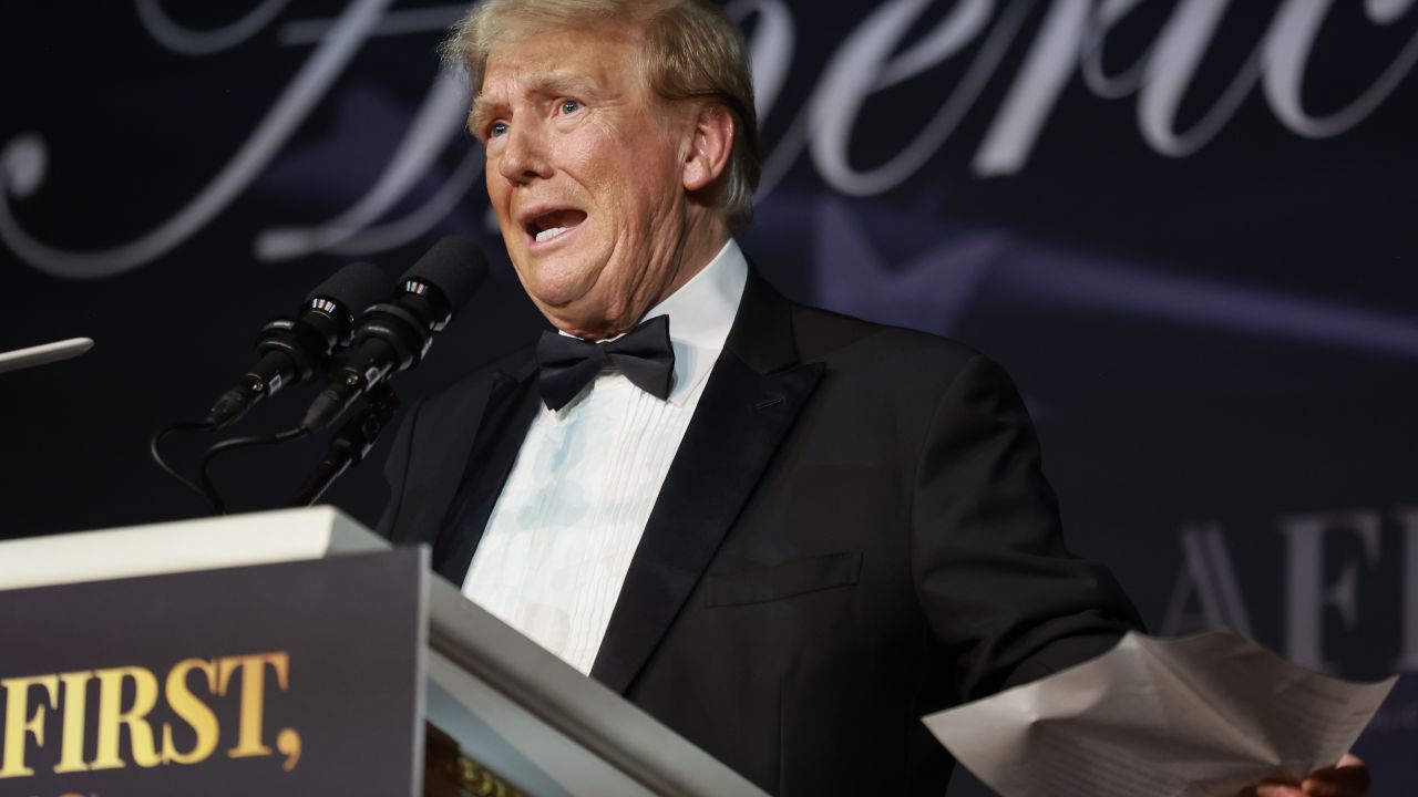 PALM BEACH, FLORIDA - NOVEMBER 14: U.S. President-elect Donald Trump speaks at the America First Policy Institute Gala held at Mar-a-Lago on November 14, 2024 in Palm Beach, Florida. The annual event s Grey Team, a nonprofit organization dedicated to preventing military suicide. (Photo by Joe Raedle/Getty Images)