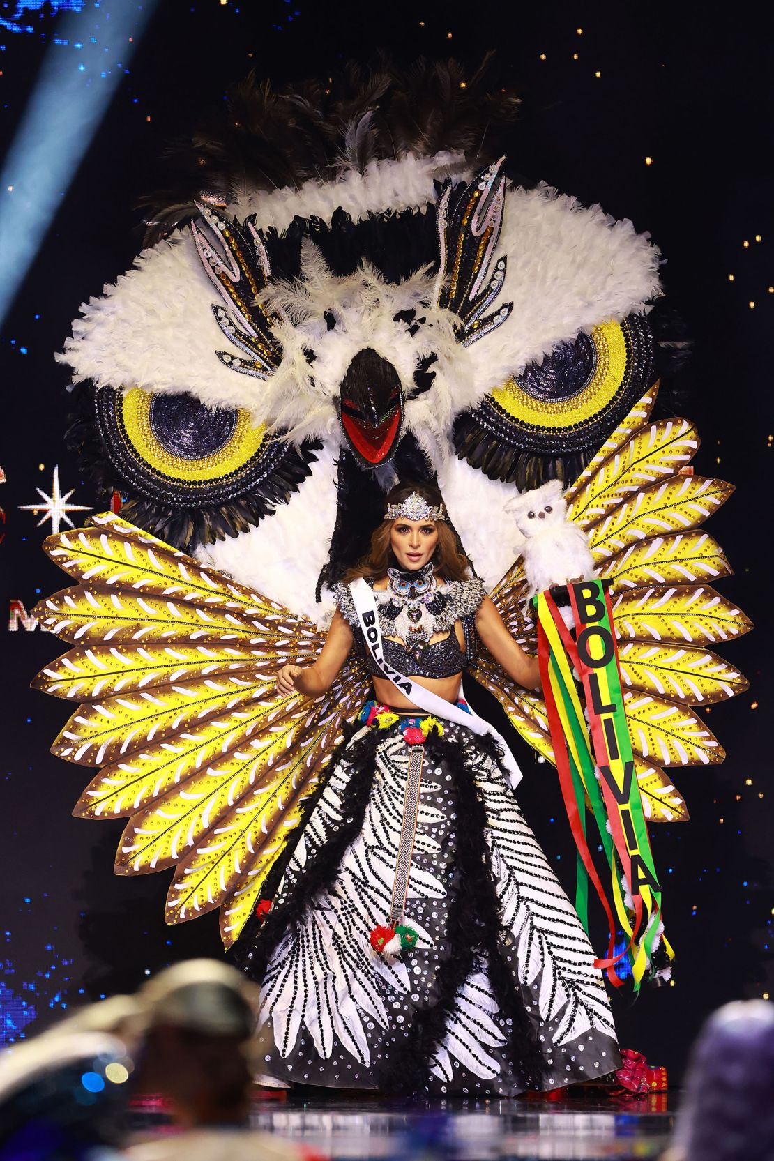 Miss Bolivia, Juliana Barrientos, took the stage in a shaman-inspired look - complete with a stuffed toy owl.