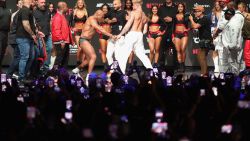 IRVING, TEXAS - NOVEMBER 14: Mike Tyson and Jake Paul are separated as they face off during their ceremonial weigh-in at The Pavilion at Toyota Music Factory on November 14, 2024 in Irving, Texas. The two are scheduled to meet in a heavyweight bout on November 15 at AT&T Stadium in Arlington, Texas. (Photo by Christian Petersen/Getty Images)