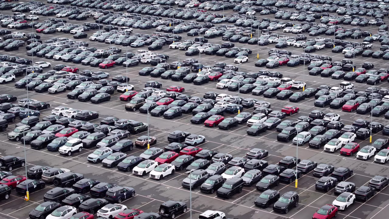 New cars from Jaguar Land Rover are stored in Stone, England, on November 15, 2024.