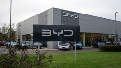 CREWE, ENGLAND - NOVEMBER 15: The BYD logo is displayed outside a showroom on November 15, 2024 in Crewe, England. Data by the Society of Motor Manufacturers and Traders (SMMT) has reported that electric cars have made up 18.1% of sales so far in 2024, compared with 15.6% up to November last year. (Photo by Christopher Furlong/Getty Images)