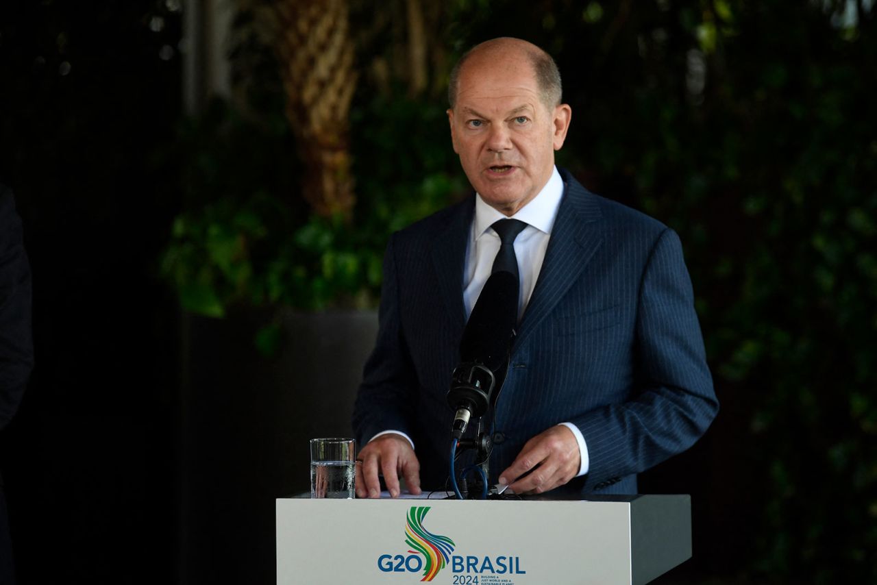 Germany's Chancellor Olaf Scholz speaks during a press conference on the sidelines of the G20 summit in Rio de Janeiro, Brazil, on Tuesday, November 19.