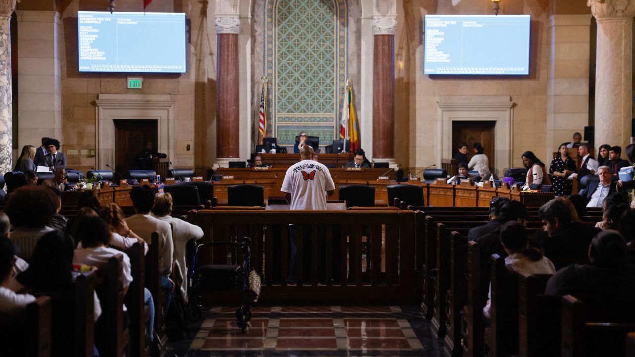 Los Angeles City Council members listen as a man speaks in support of a proposed "sanctuary city" ordinance at City Hall on November 19, 2024.