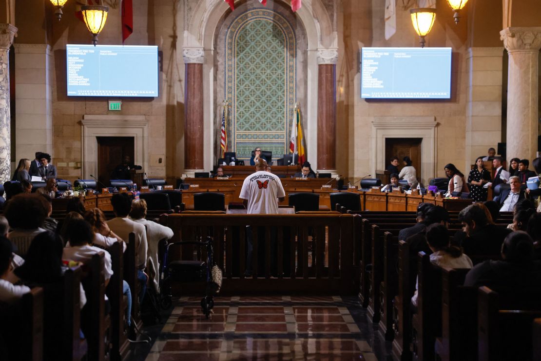 Los Angeles City Council members listen as a man speaks in support of a proposed "sanctuary city" ordinance at City Hall on Tuesday.