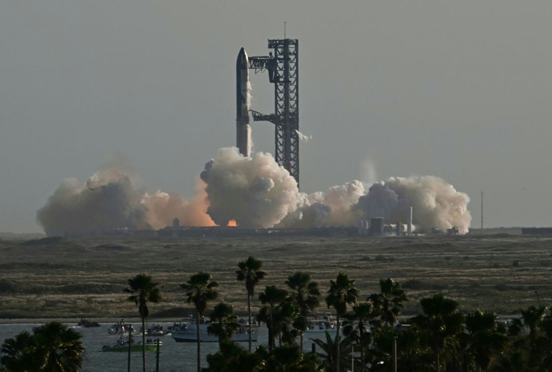 The SpaceX Starship megarocket, featuring a Starship spacecraft stacked atop the Super Heavy rocket booster, lifts off from Starbase near Brownsville, Texas, on Tuesday.