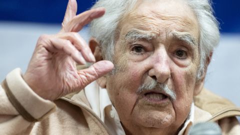 Former Uruguayan President José "Pepe" Mujica gestures as he speaks during a campaign rally for Uruguay's presidential candidate for the Frente Amplio party, Yamandu Orsi, at Club Cerveceros in Montevideo, on November 19, 2024. Uruguay's heads for the next November 24 election run-off, where a leftist history teacher ed by Mujica and a center-right veterinarian will duel for the presidency of Uruguay. (Photo by Santiago Mazzarovich / AFP) (Photo by SANTIAGO MAZZAROVICH/AFP via Getty Images)