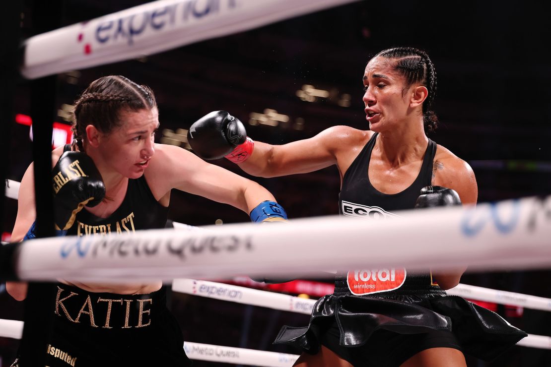 Katie Taylor, left, and Amanda Serrano fight at AT&T Stadium in Arlington, Texas, on November 15.