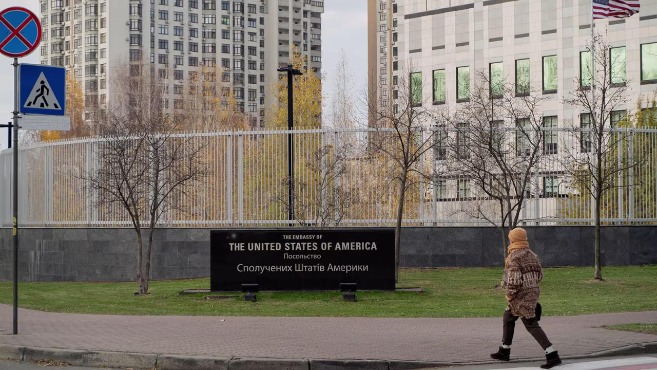 A woman walks past the US Embassy in Kyiv on November 20.